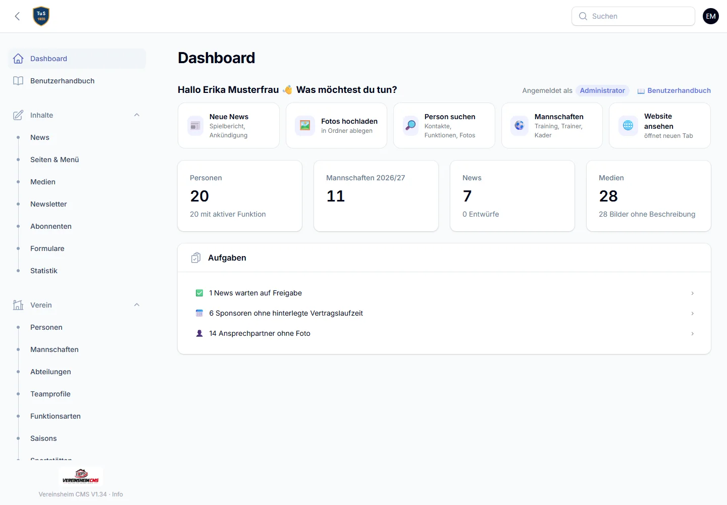 Dashboard von Vereinsheim CMS im Laptop
