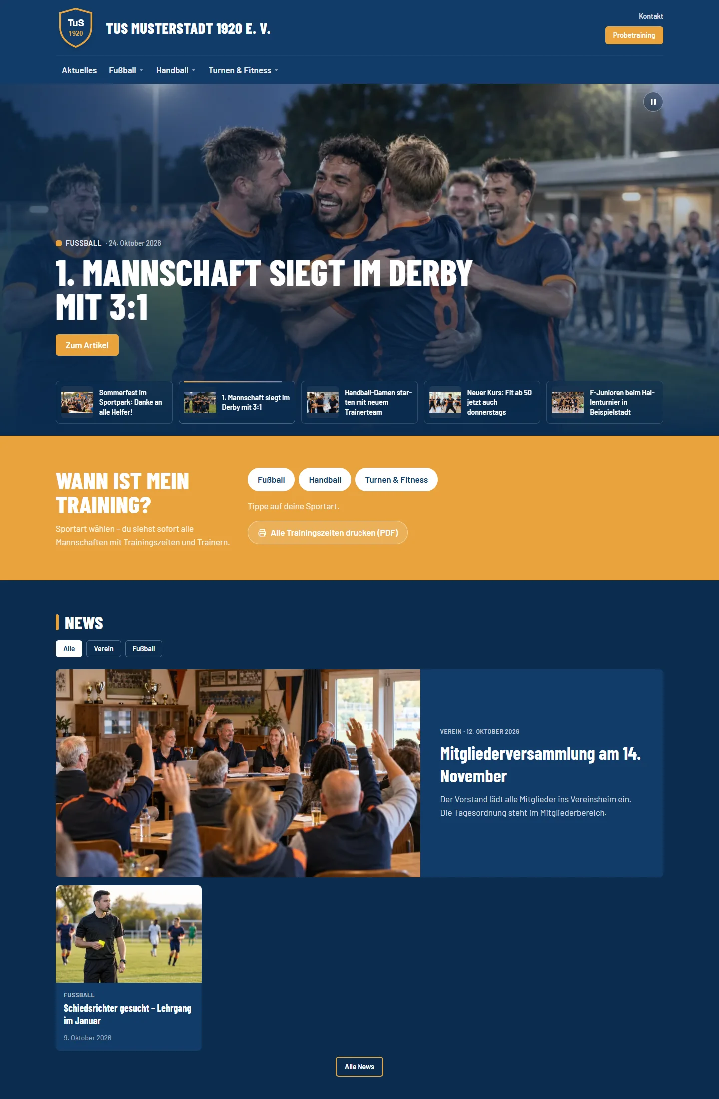 Startseite mit News und Trainingsfinder
